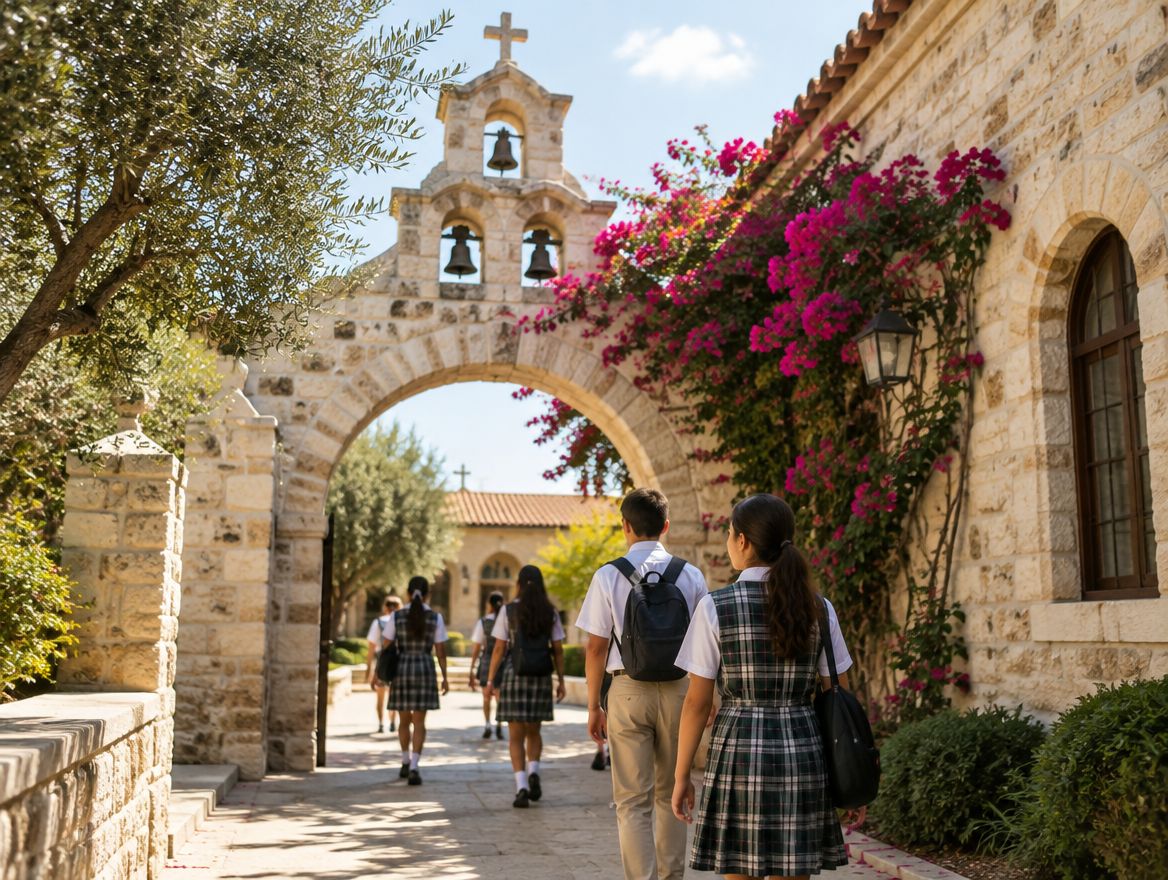 Children walking through a church school courtyard in San Antonio